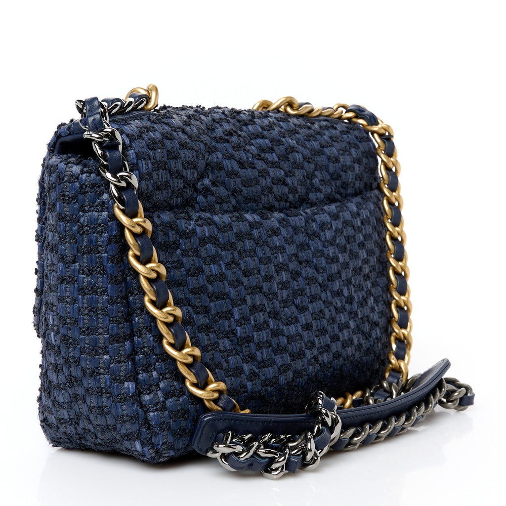 Raffia Tweed Quilted Medium Chanel 19 Flap  Navy