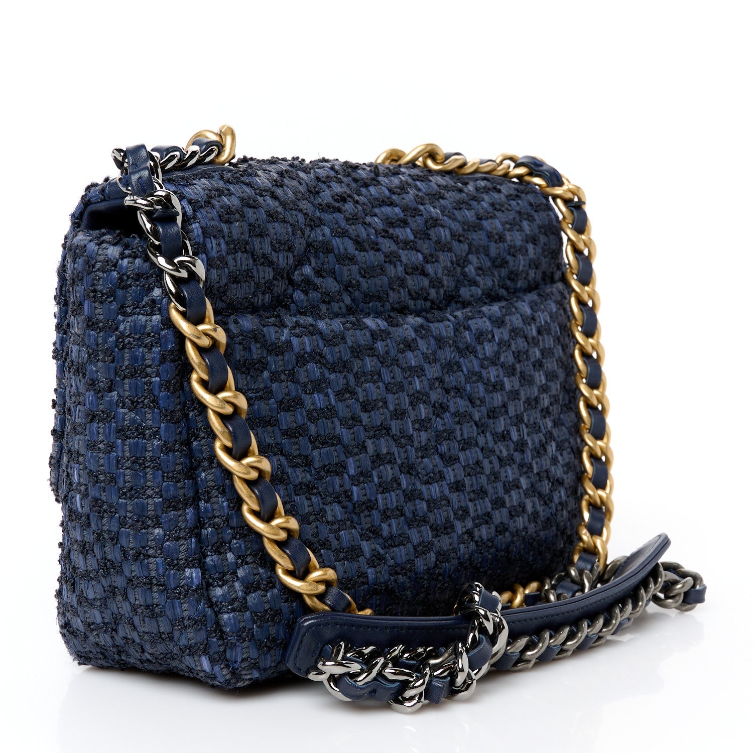 Raffia Tweed Quilted Medium Chanel 19 Flap  Navy