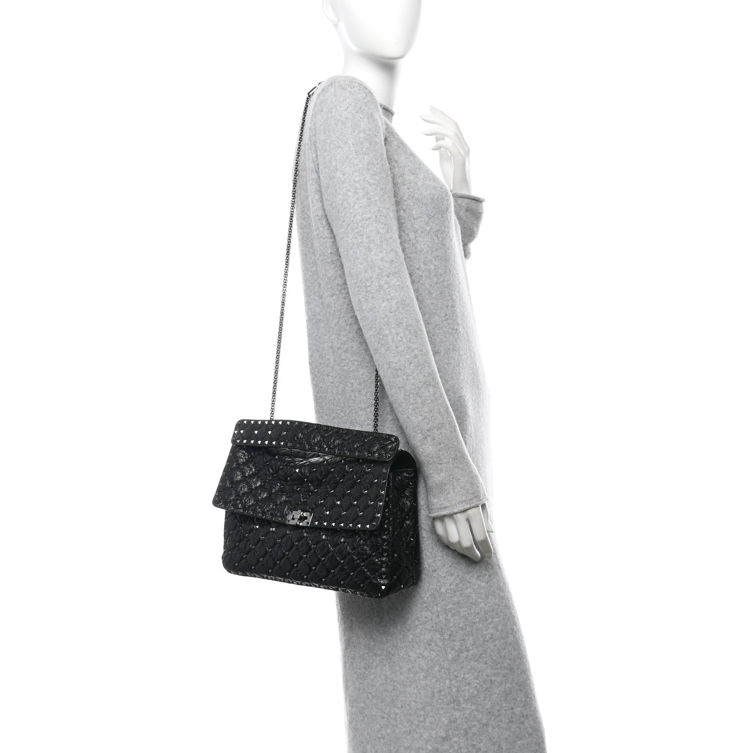 Craquele Nappa Large Rockstud Spike Shoulder Bag Black