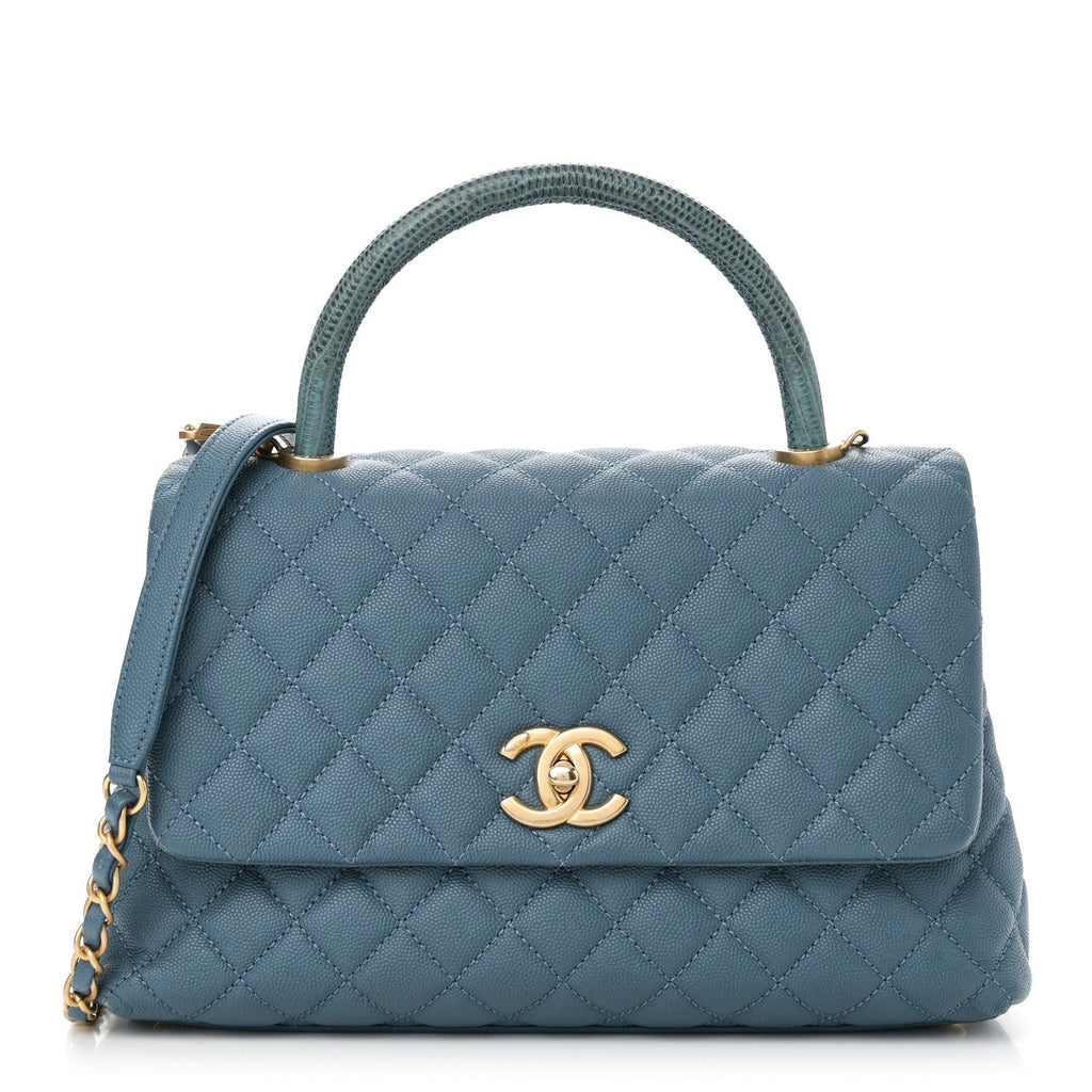 Caviar Quilted Lizard Embossed Small Coco Handle Flap Blue