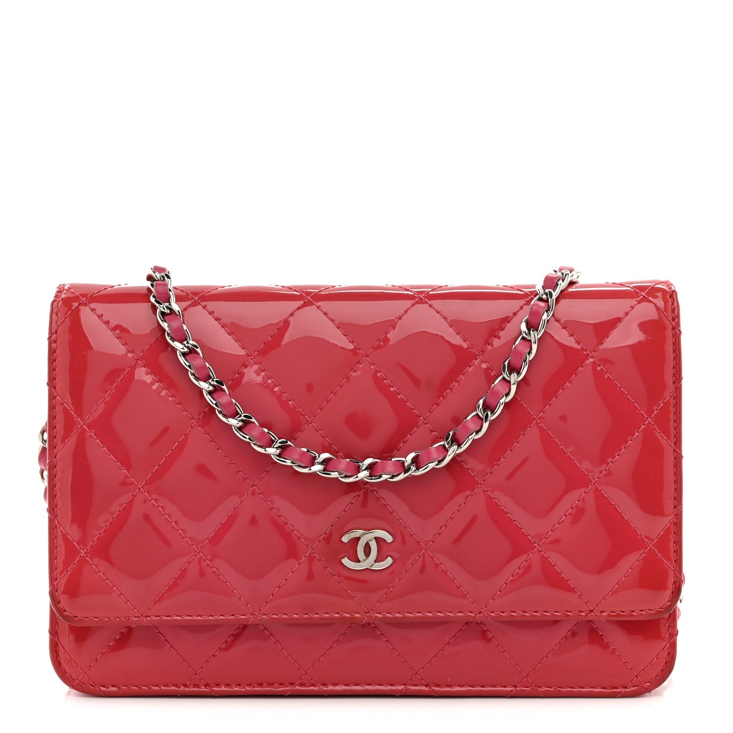Patent Calfskin Quilted Wallet On Chain WOC Pink