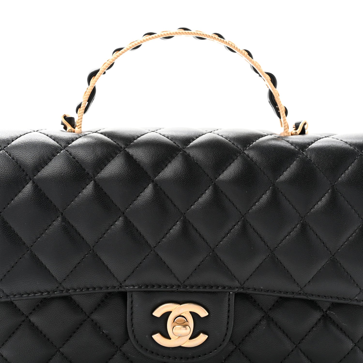 Lambskin Quilted Small Metal Top Handle Flap Black