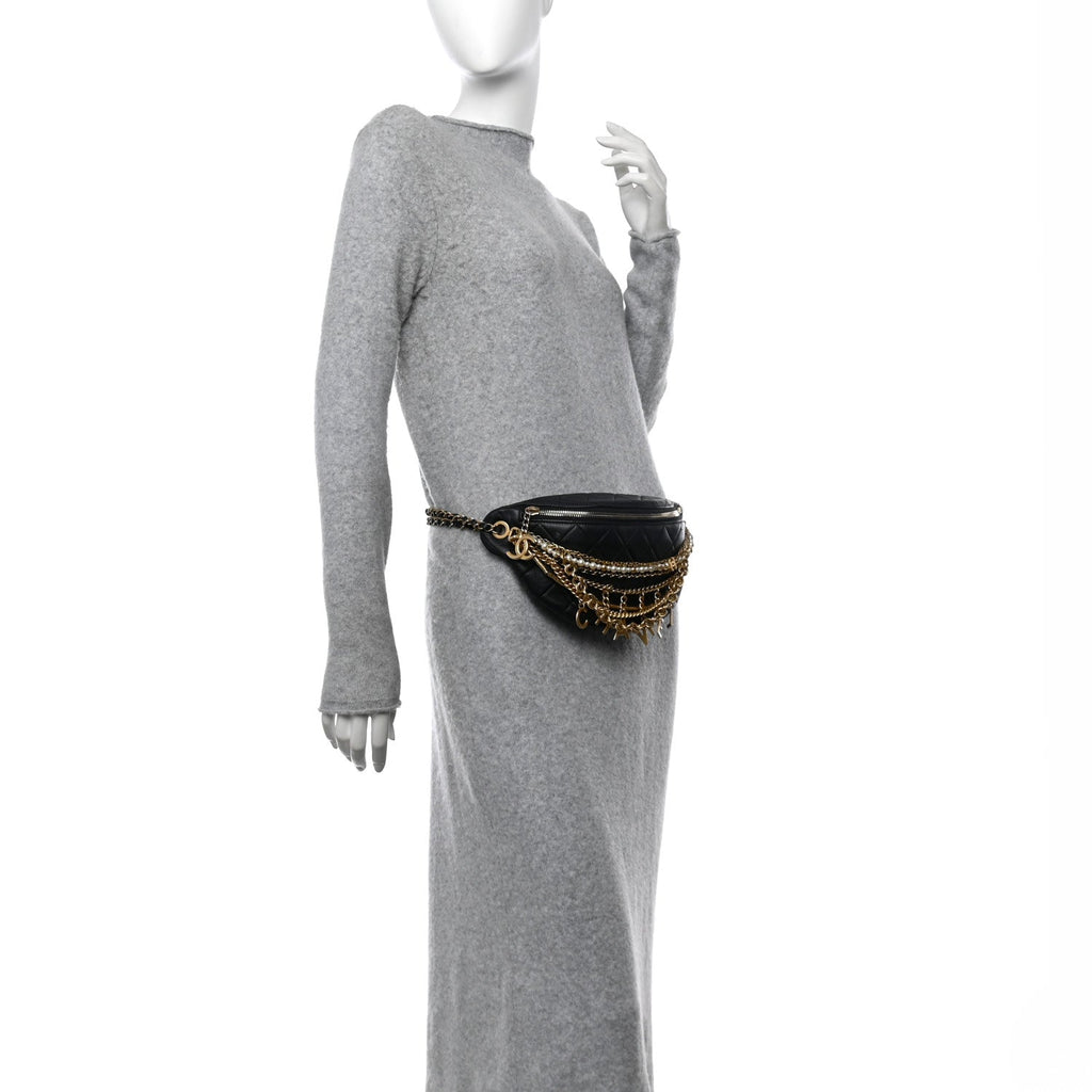 Lambskin Quilted All About Chains Waist Belt Bag Black