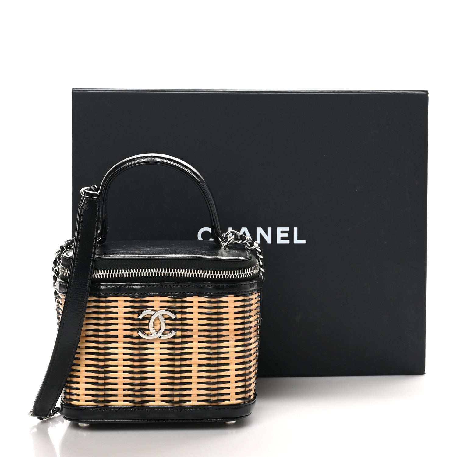 Calfskin Raffia Small Vanity Case Bag Black Beige