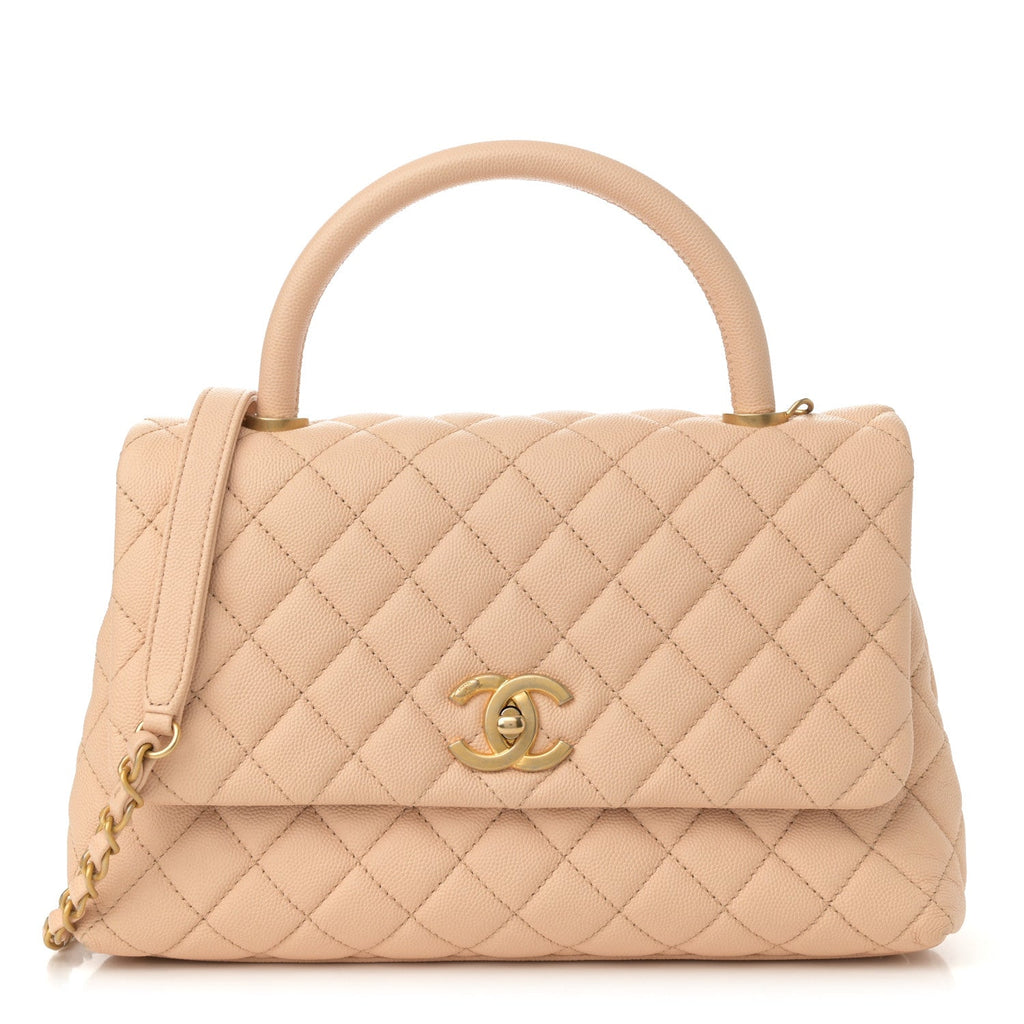 Caviar Quilted Small Coco Handle Flap Beige