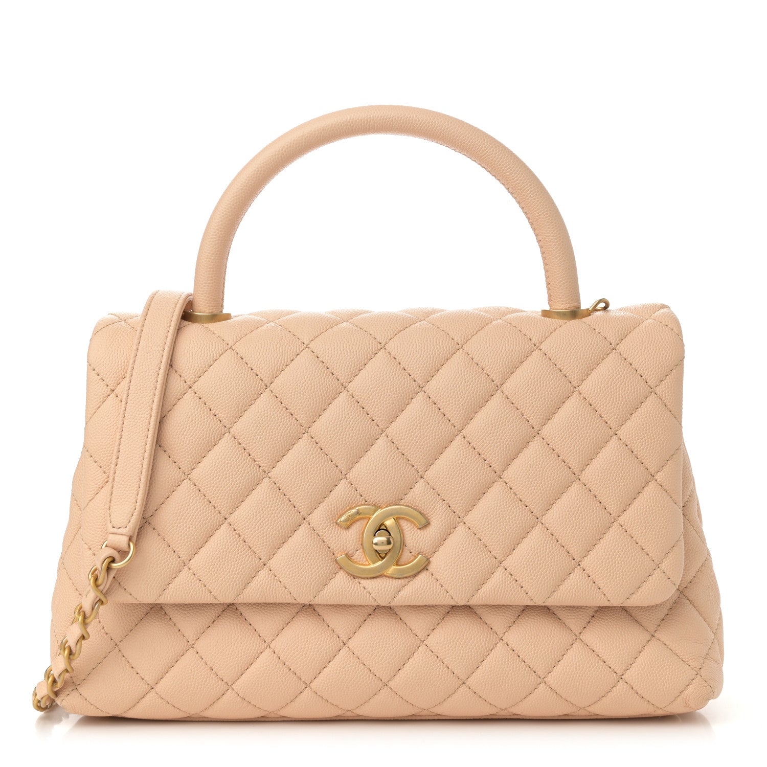 Caviar Quilted Small Coco Handle Flap Beige