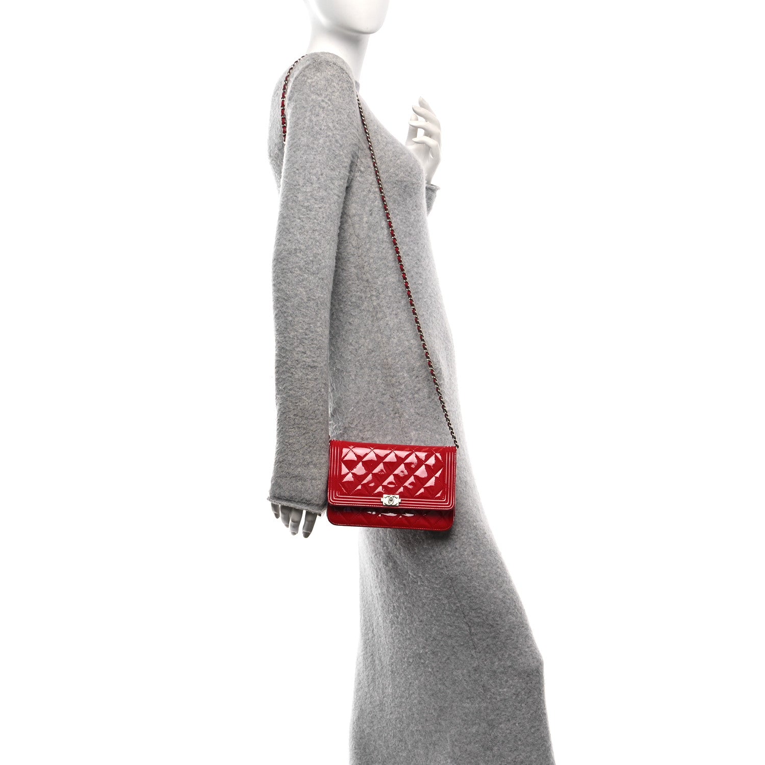 Patent Calfskin Quilted Boy Wallet On Chain WOC Red