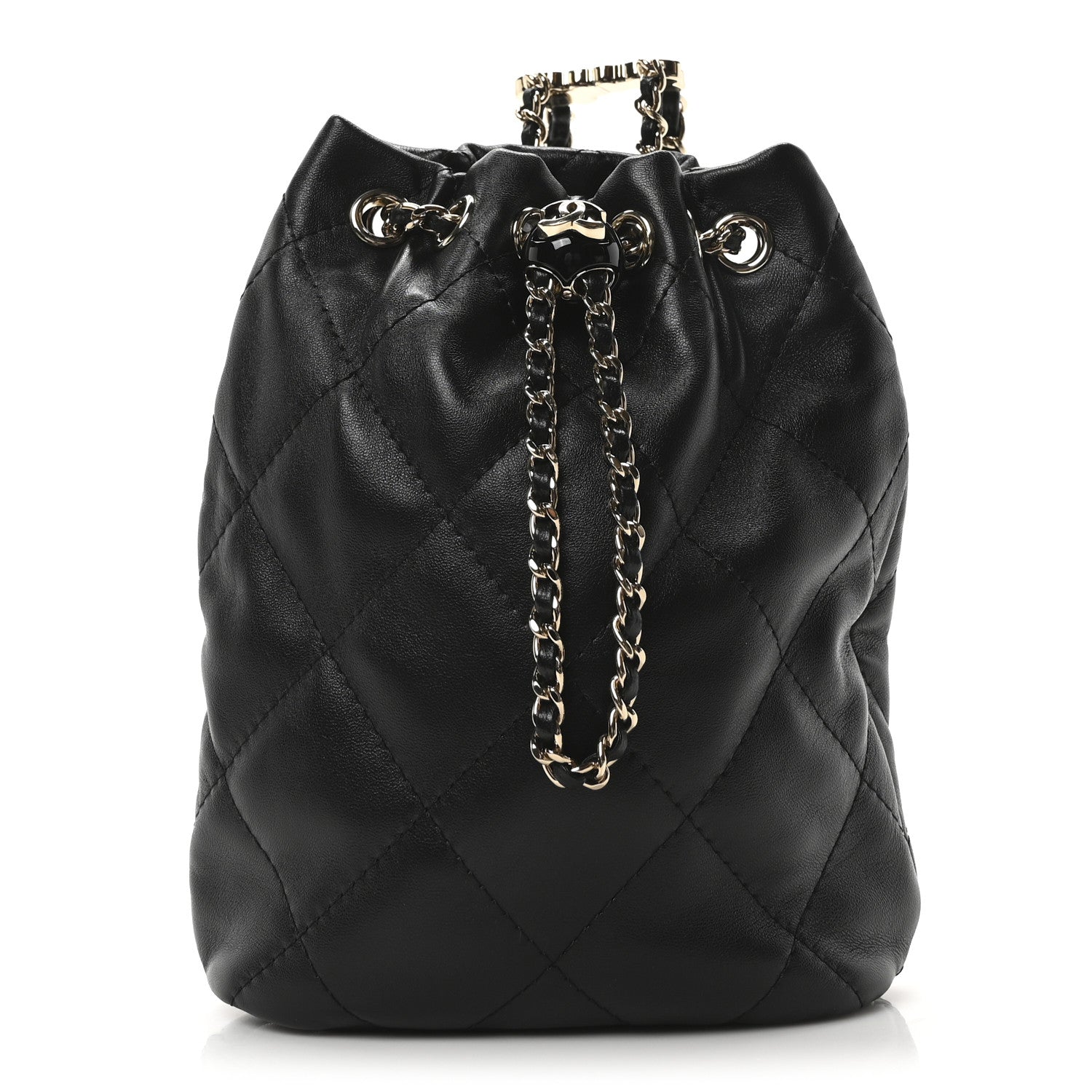 Shiny Lambskin Quilted Drawstring Backpack Black
