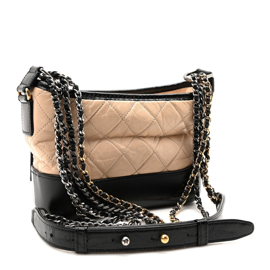 Aged Calfskin Quilted Small Gabrielle Hobo Beige Black