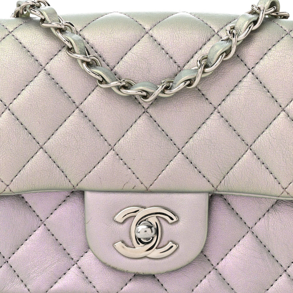 Iridescent Lambskin Quilted Mini Square Flap Light Purple