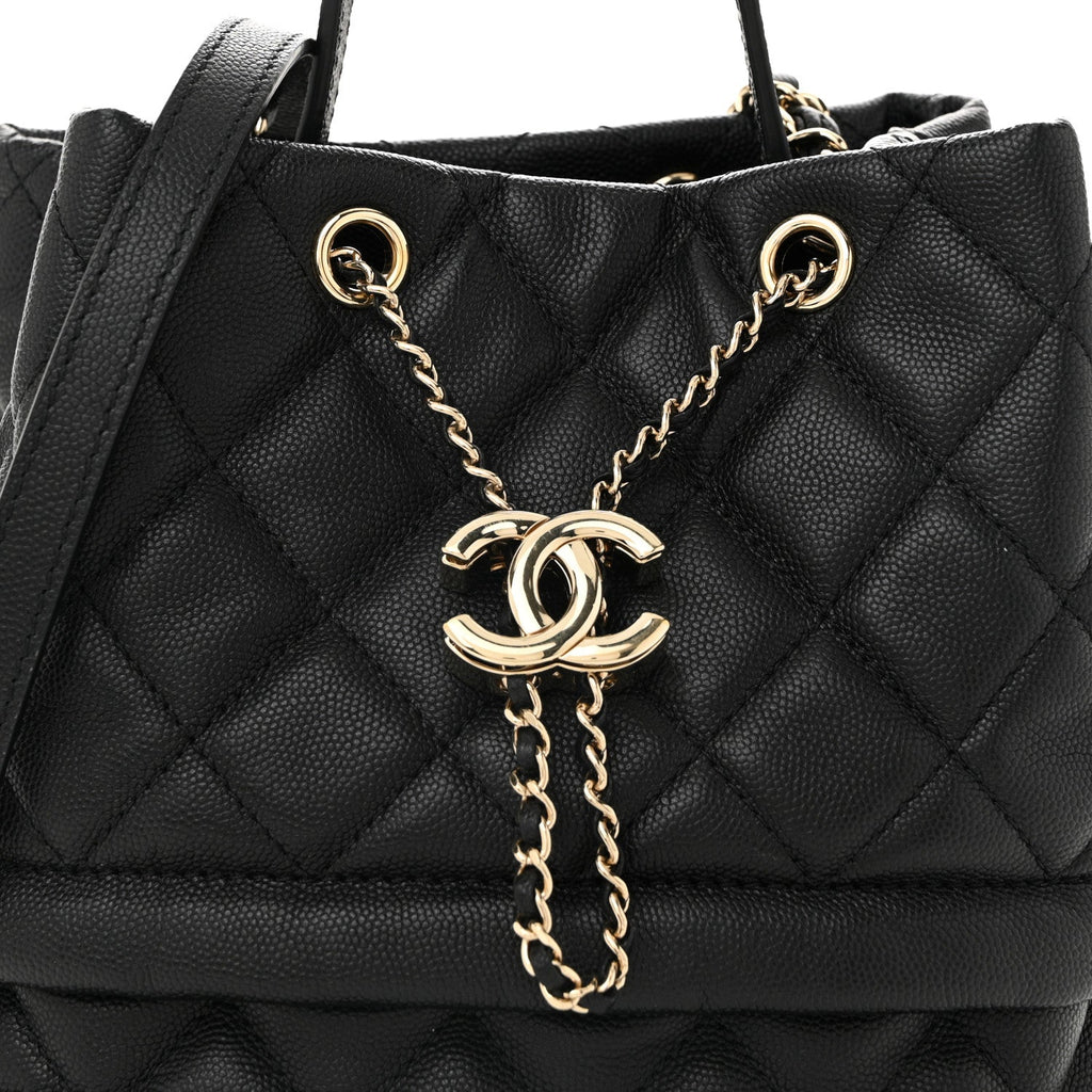 Caviar Quilted Rolled Up Bucket Drawstring Bag Black