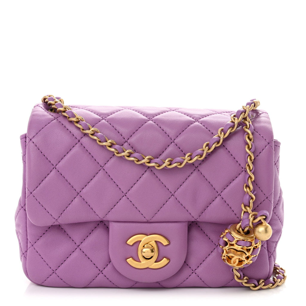 Lambskin Quilted Mini Pearl Crush Flap Purple
