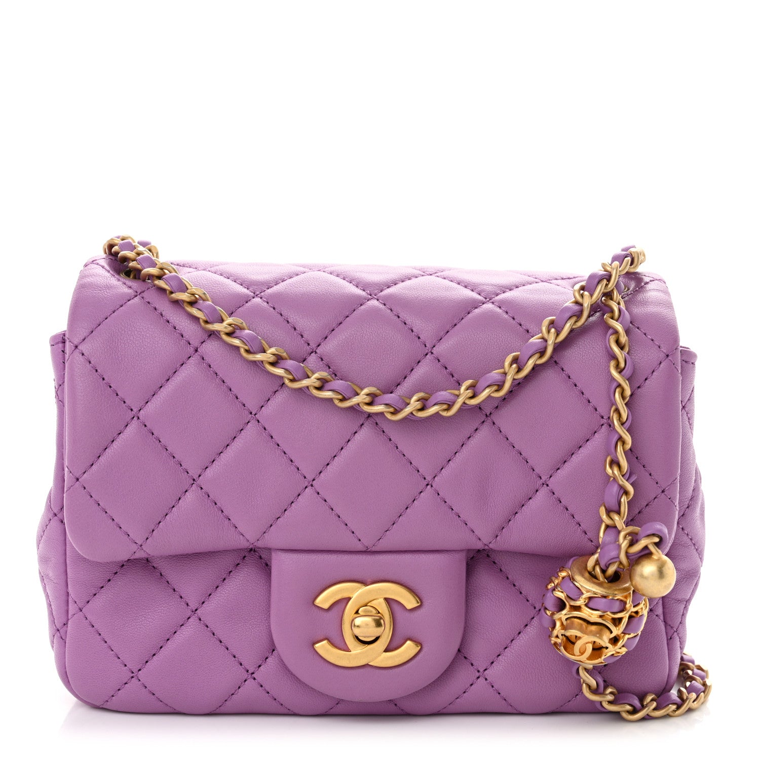 Lambskin Quilted Mini Pearl Crush Flap Purple