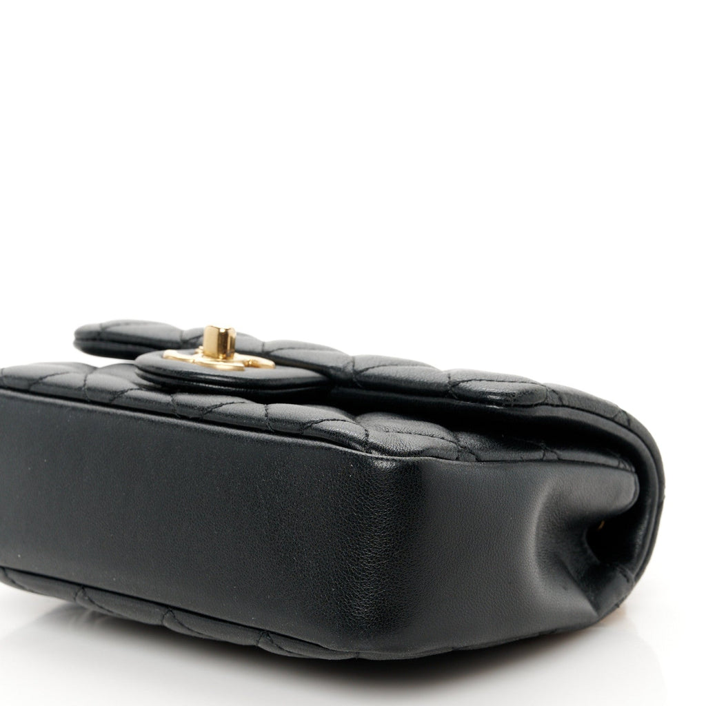 Shiny Lambskin Quilted Pearl Twist Mini Square Flap Black