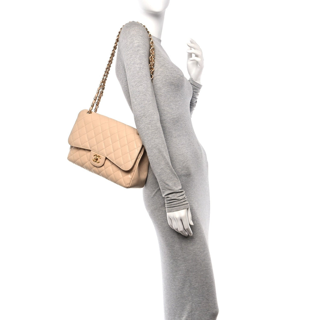 Caviar Quilted Jumbo Double Flap Beige