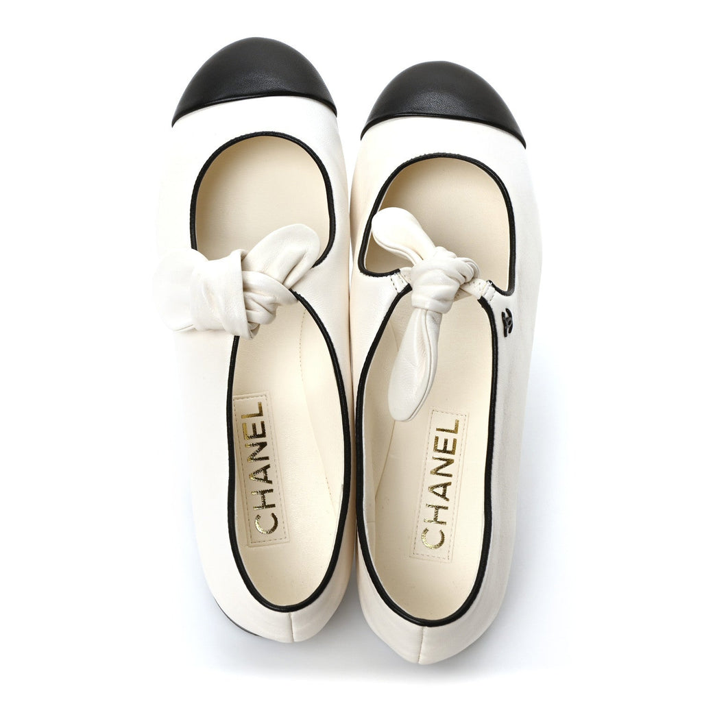 Lambskin Bow Mary Jane Flats 39.5 White Black