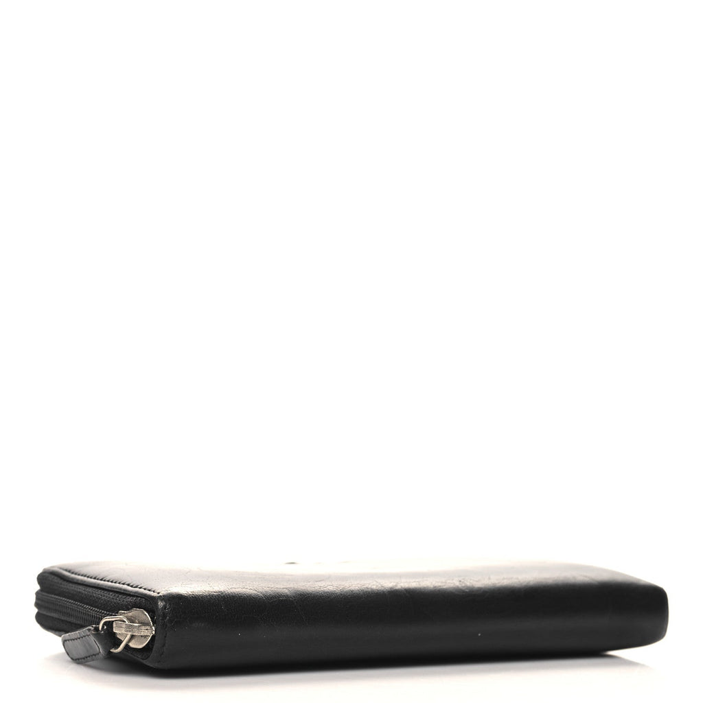 Lambskin Camellia Embossed Large Zip Around Gusset Wallet Black
