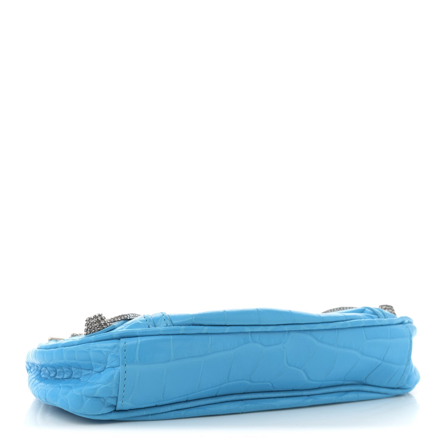 Extra Supple Calfskin Crocodile Embossed Crystal Mini Le Cagole Purse With Chain Cyan