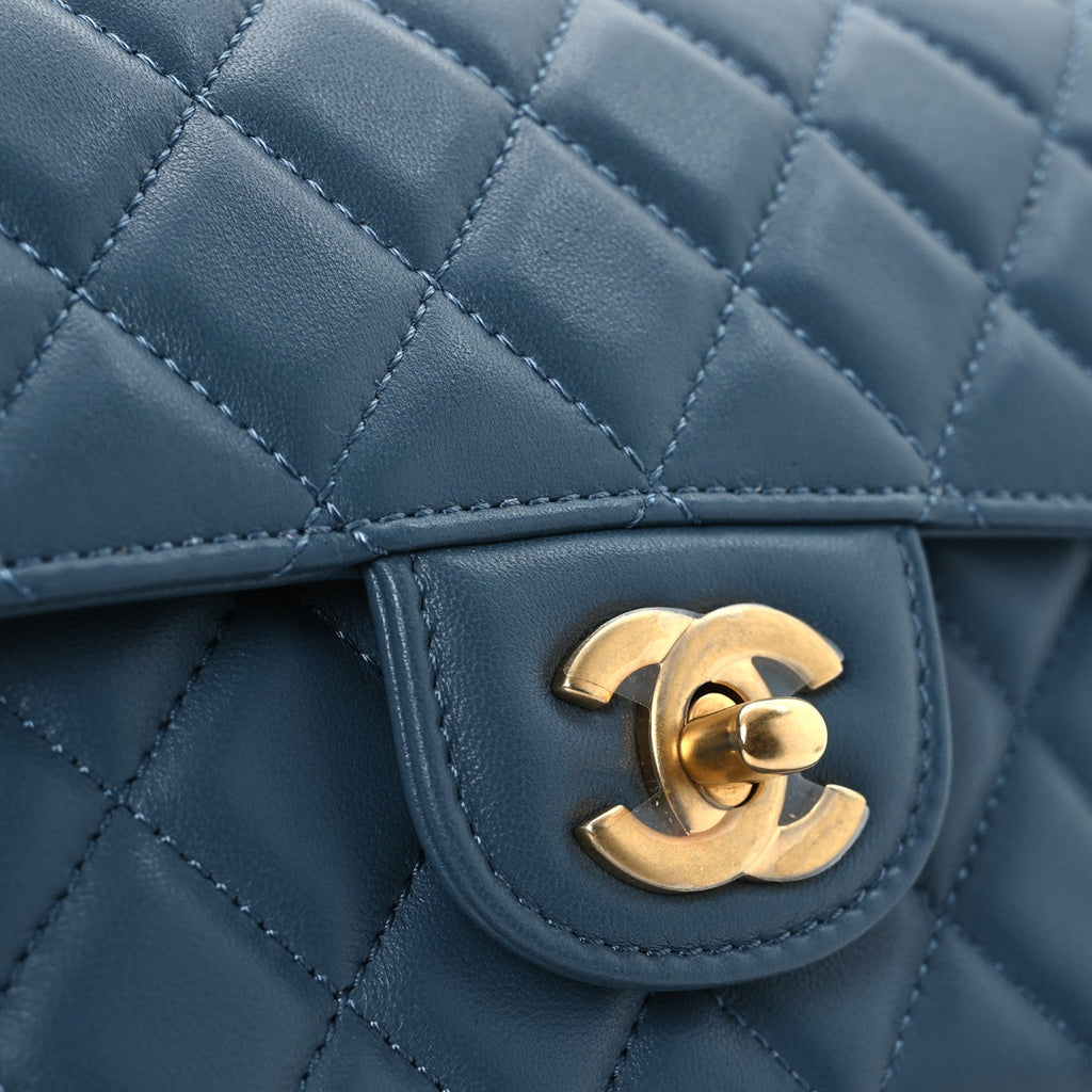 Lambskin Quilted Mini Metal Top Handle Rectangular Flap Blue