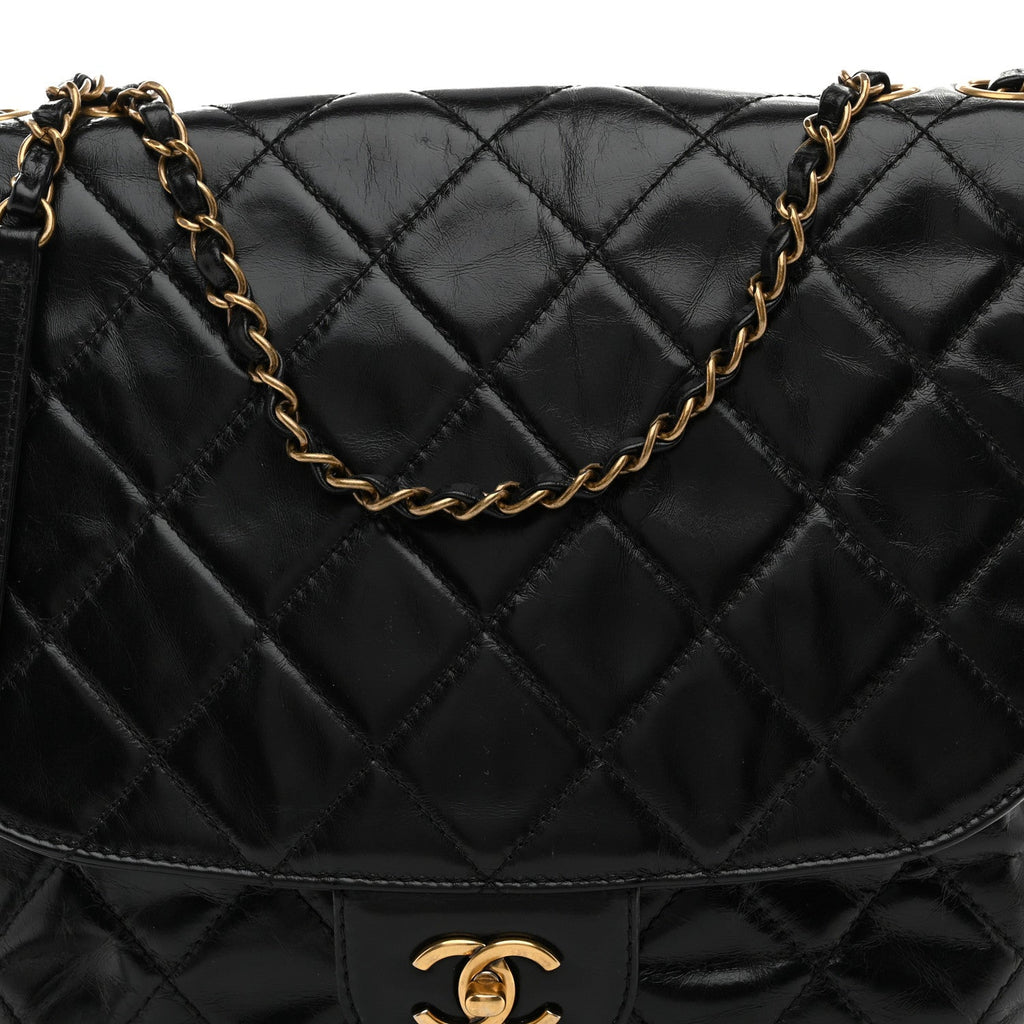 Glazed Calfskin Quilted Medium Bubble CC Flap Black