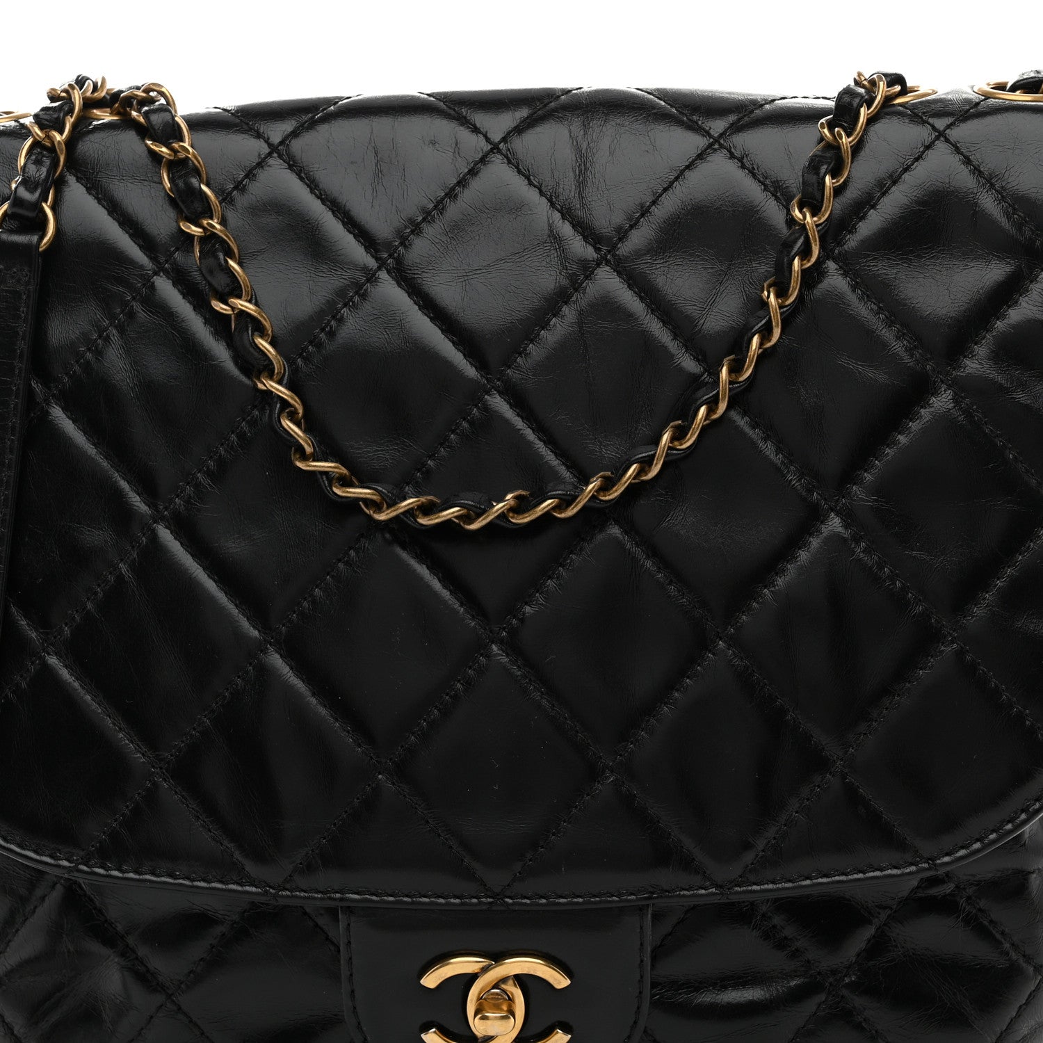 Glazed Calfskin Quilted Medium Bubble CC Flap Black