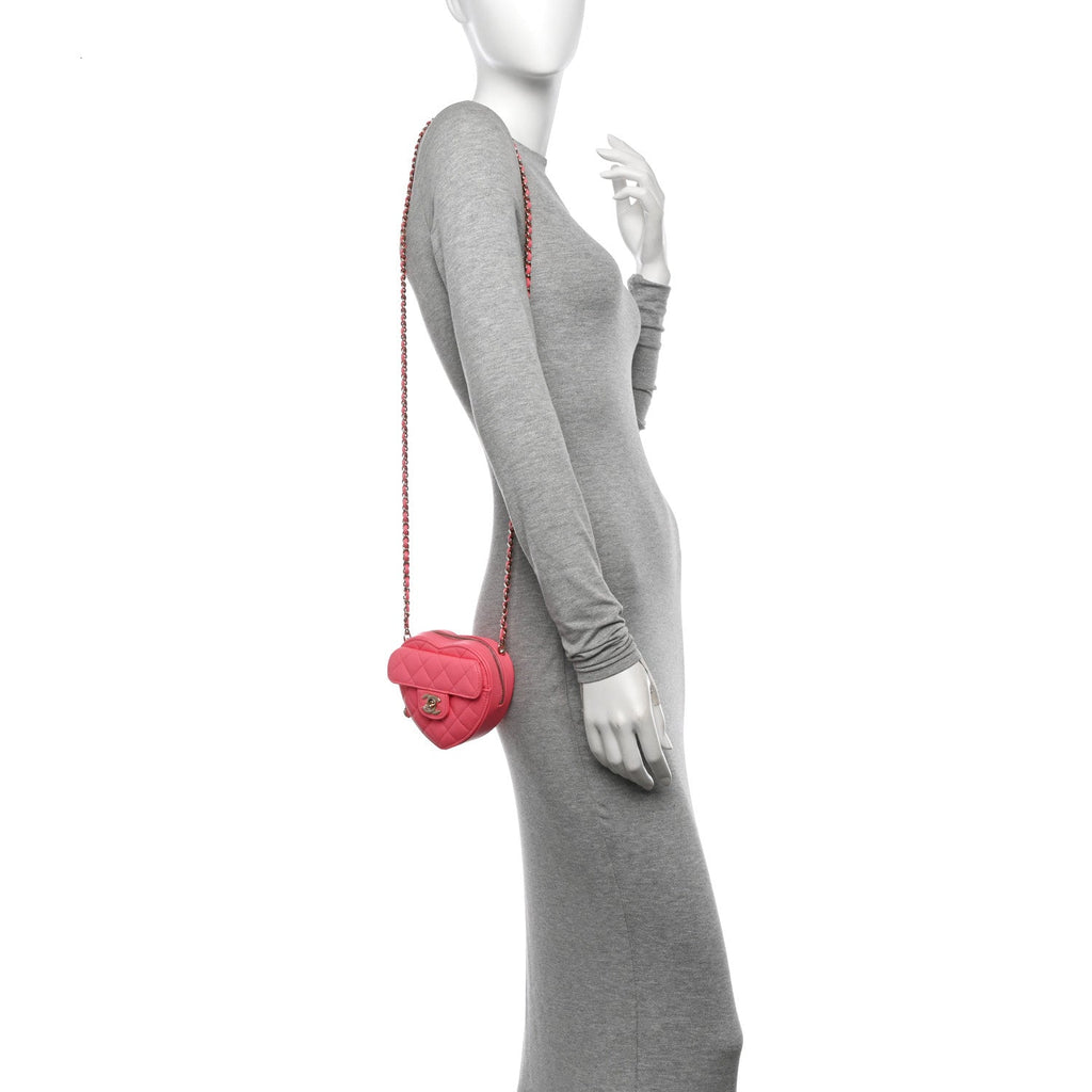 Lambskin Quilted CC In Love Heart Clutch With Chain Pink
