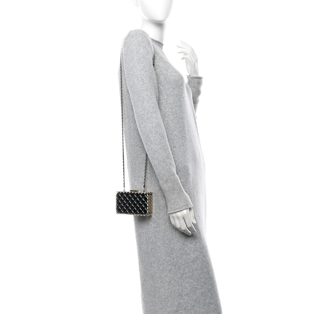 Plexiglass Quilted Chain Around Minaudiere Clutch Black