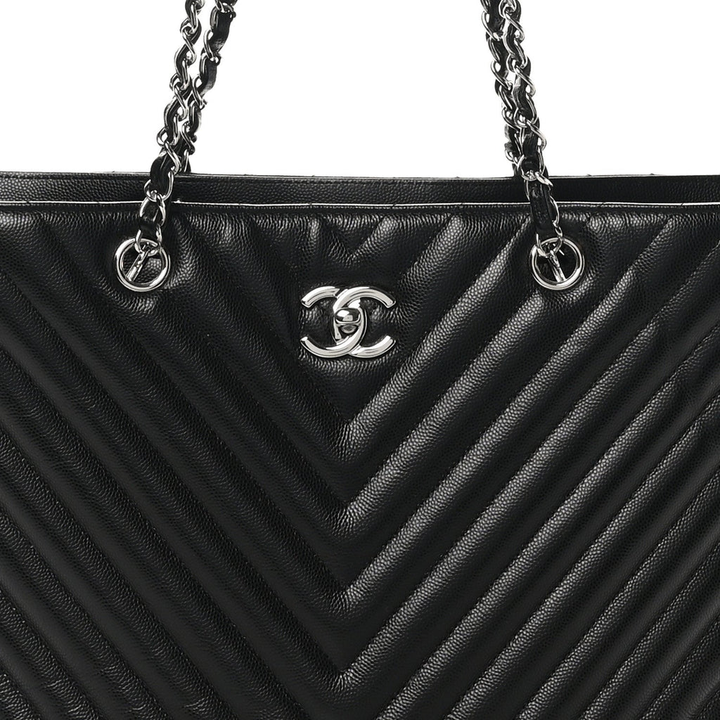 Caviar Chevron Quilted Large Shopping Tote Black