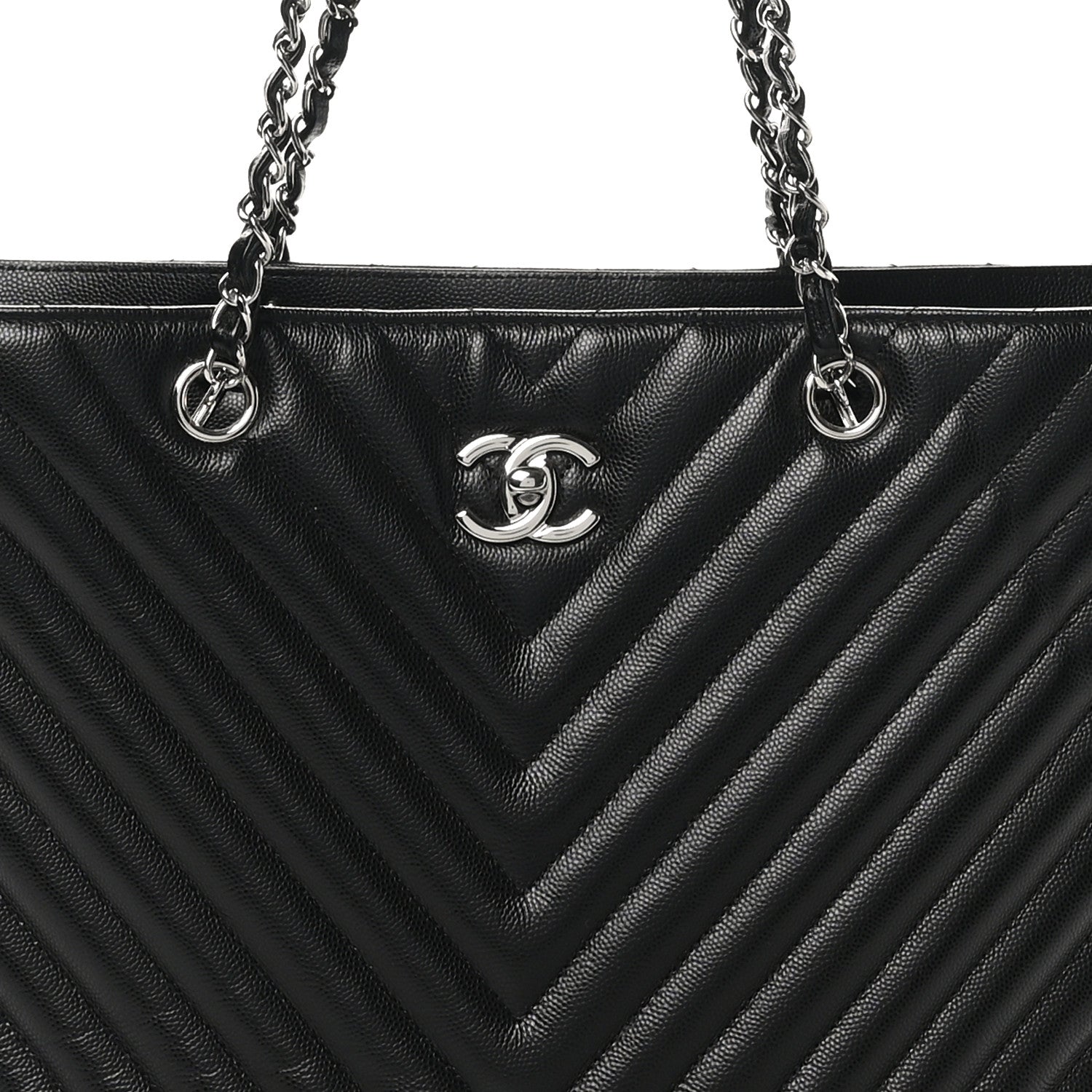 Caviar Chevron Quilted Large Shopping Tote Black