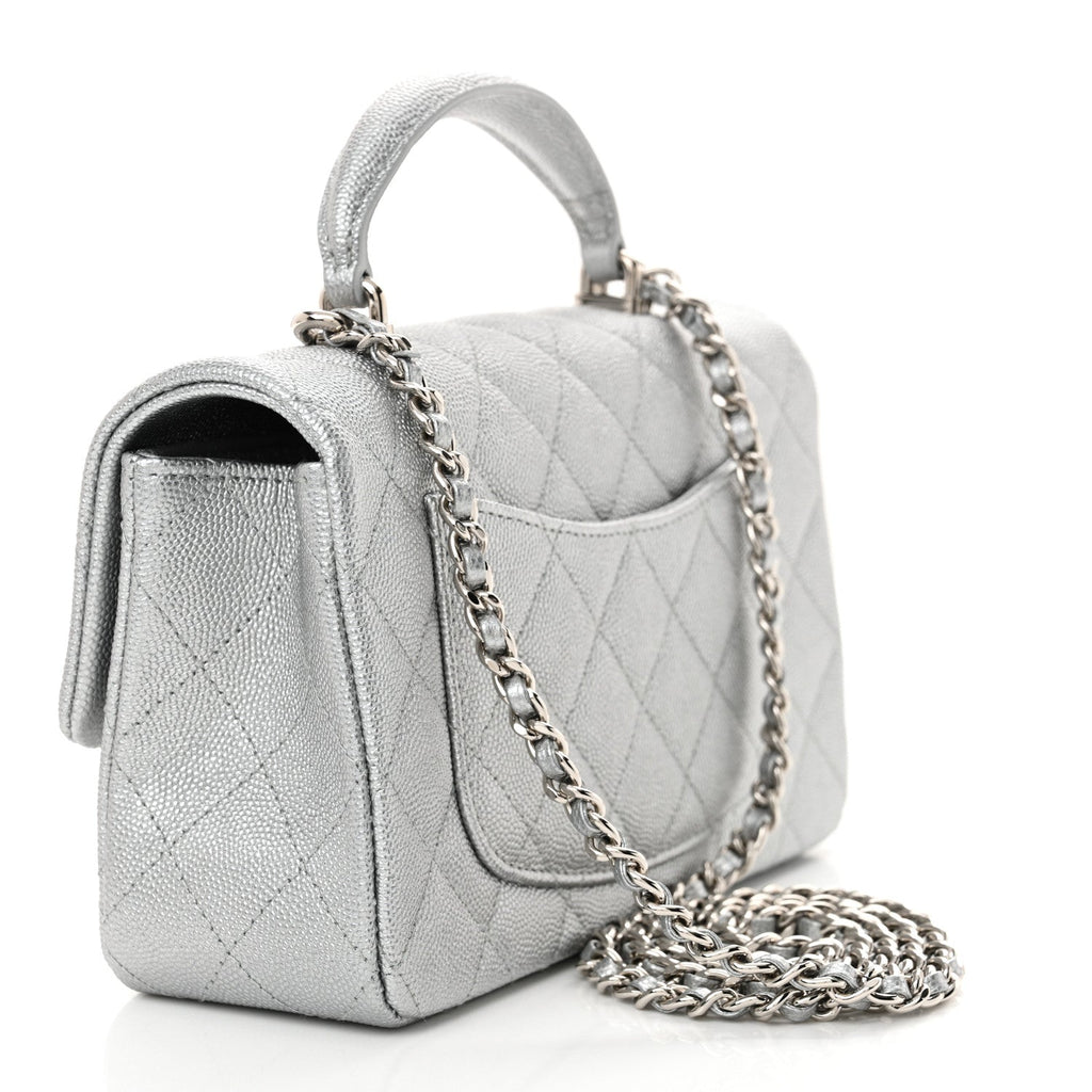 Metallic Caviar Quilted Mini Top Handle Rectangular Flap Silver
