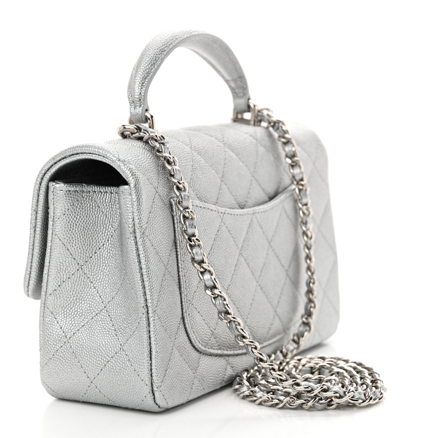 Metallic Caviar Quilted Mini Top Handle Rectangular Flap Silver