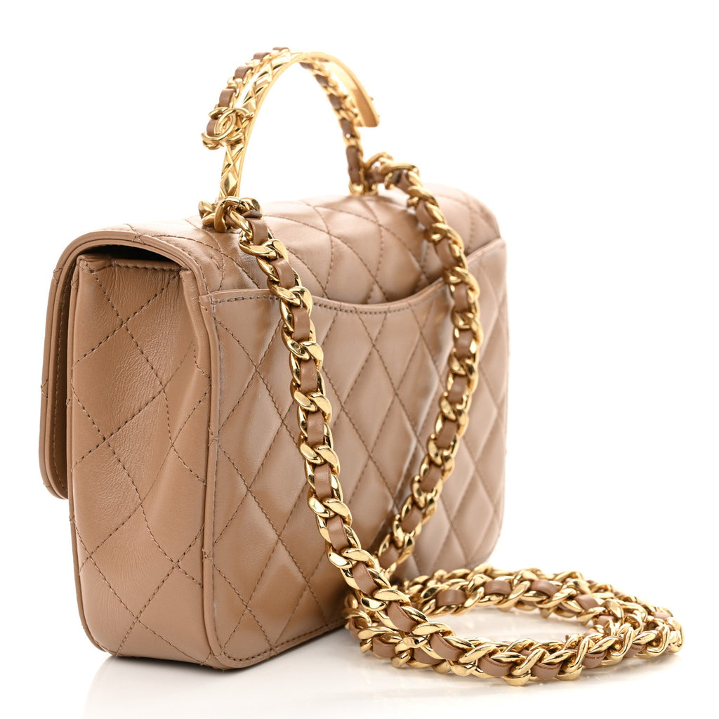 Shiny Calfskin Quilted Small Metal Chain Top Handle Flap Beige