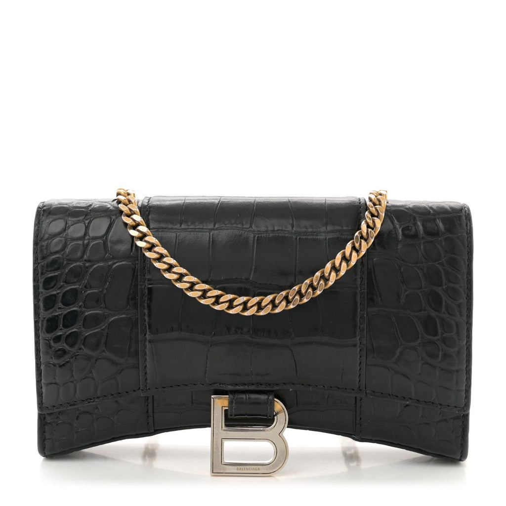 Shiny Calfskin Crocodile Embossed Hourglass Chain Bag Black