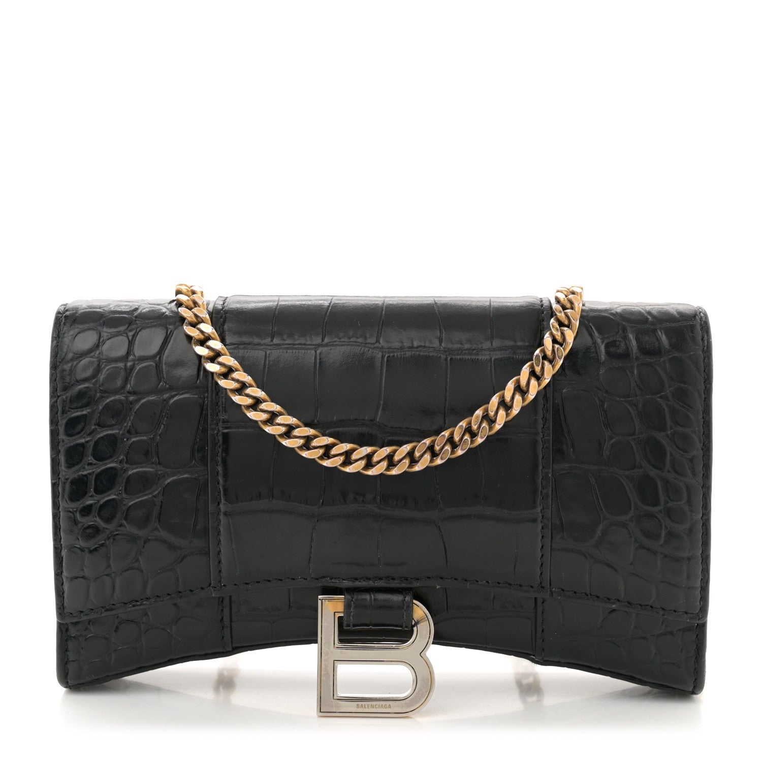 Shiny Calfskin Crocodile Embossed Hourglass Chain Bag Black