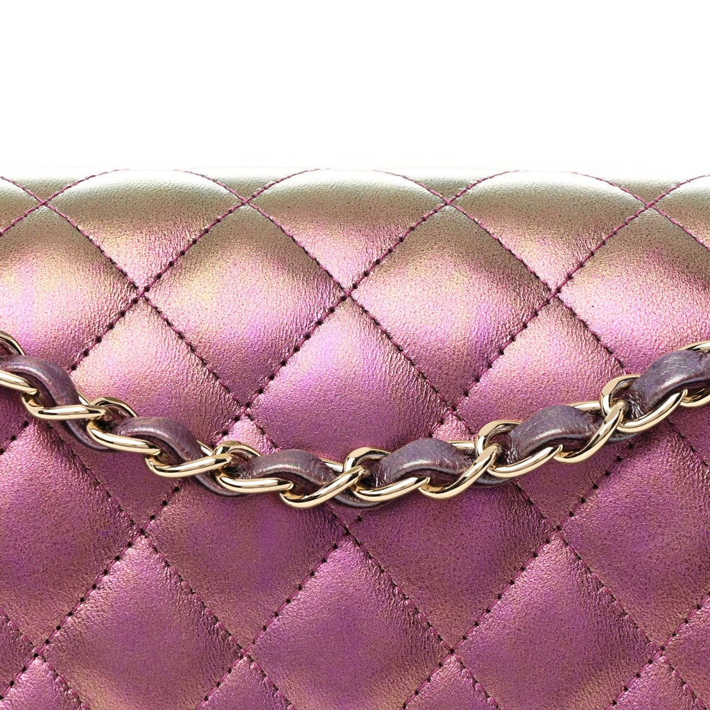 Iridescent Lambskin Quilted Medium Double Flap Purple