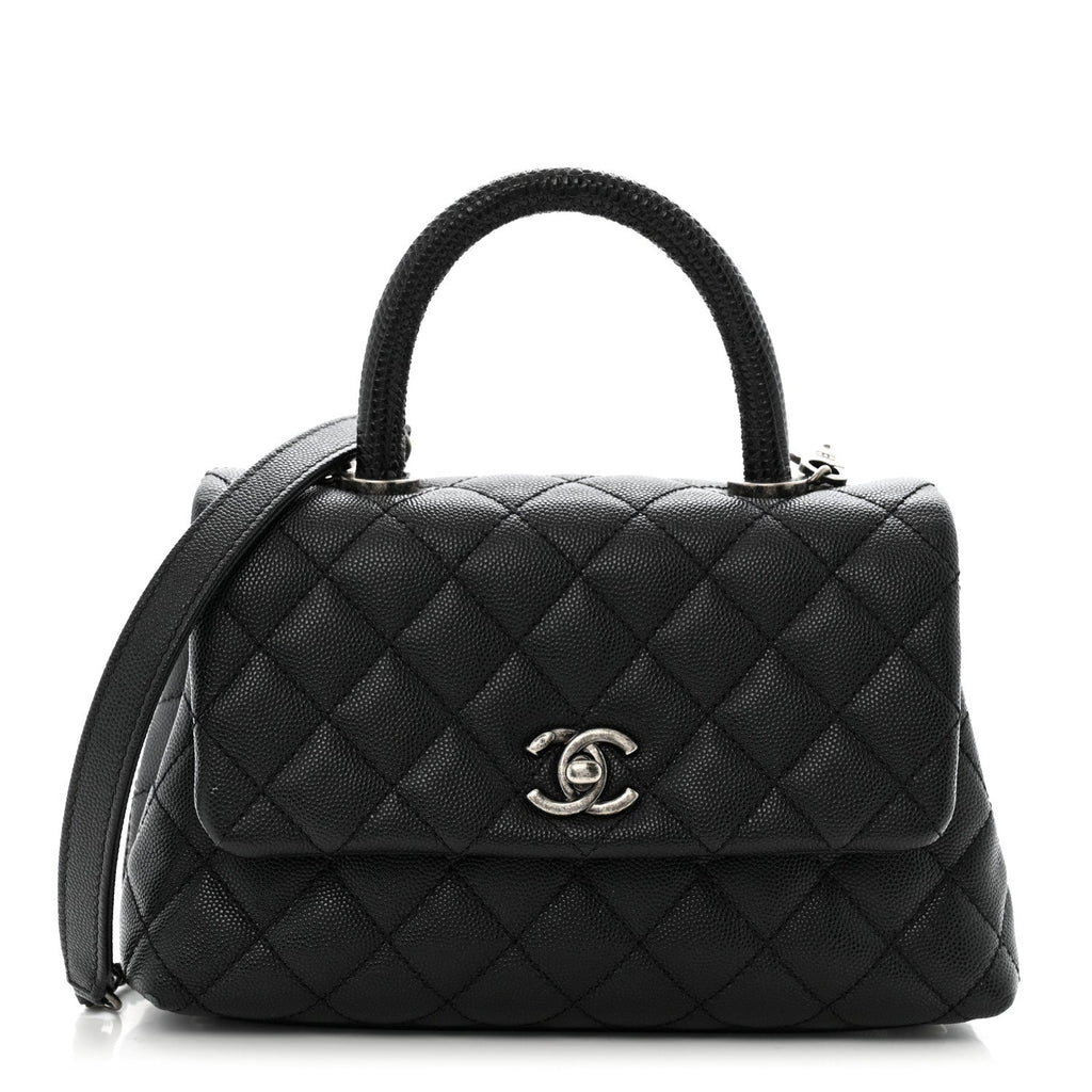 Caviar Lizard Embossed Quilted Mini Coco Handle Flap Black