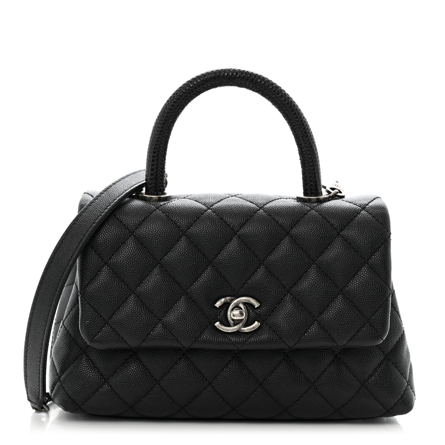 Caviar Lizard Embossed Quilted Mini Coco Handle Flap Black