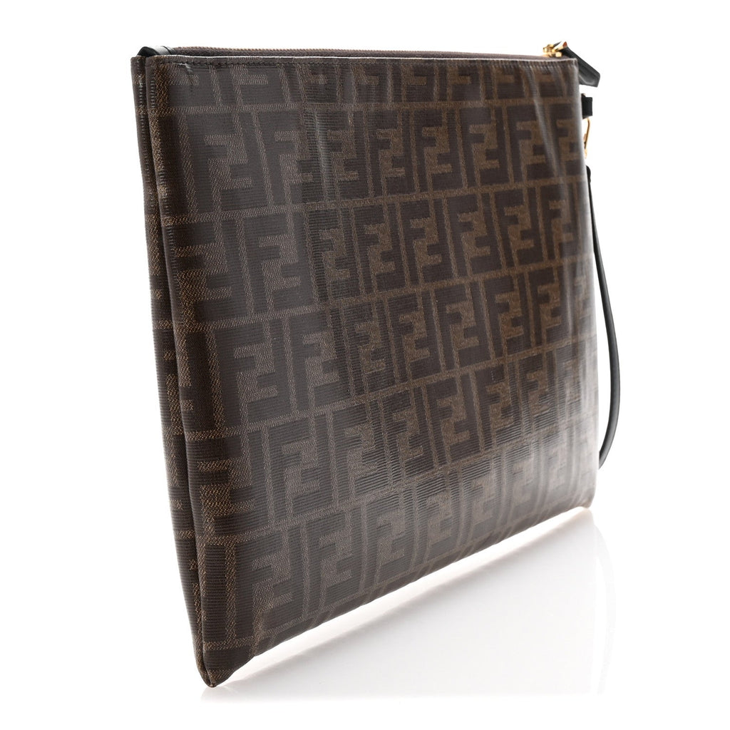 Glazed Fabric Vitello Century FF 1974 Stamp Patch Large Flat Pouch Mogano Panna Black