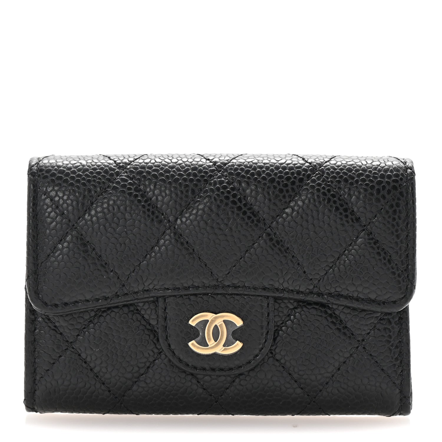 Caviar Quilted Flap  Holder Wallet Black