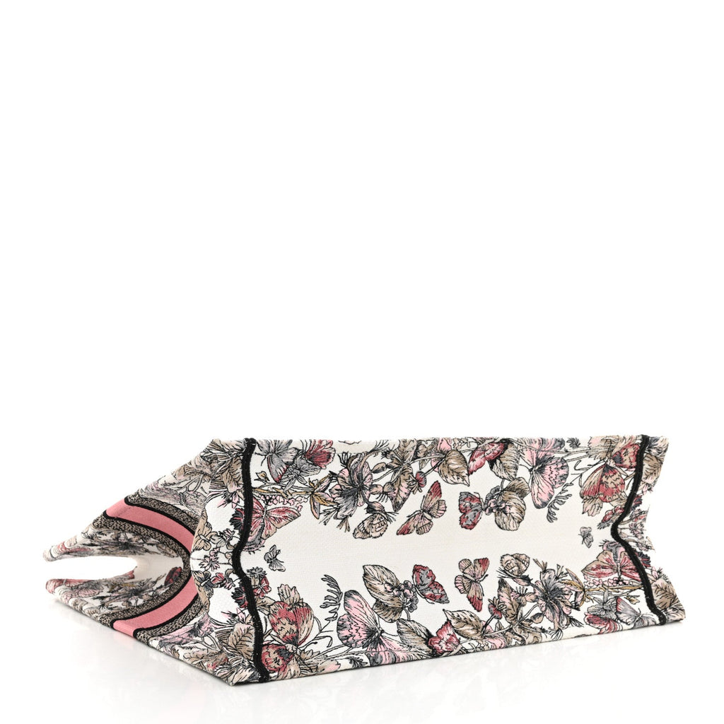 Canvas Embroidered Large Butterfly Around The World Book Tote White Pastel Pink