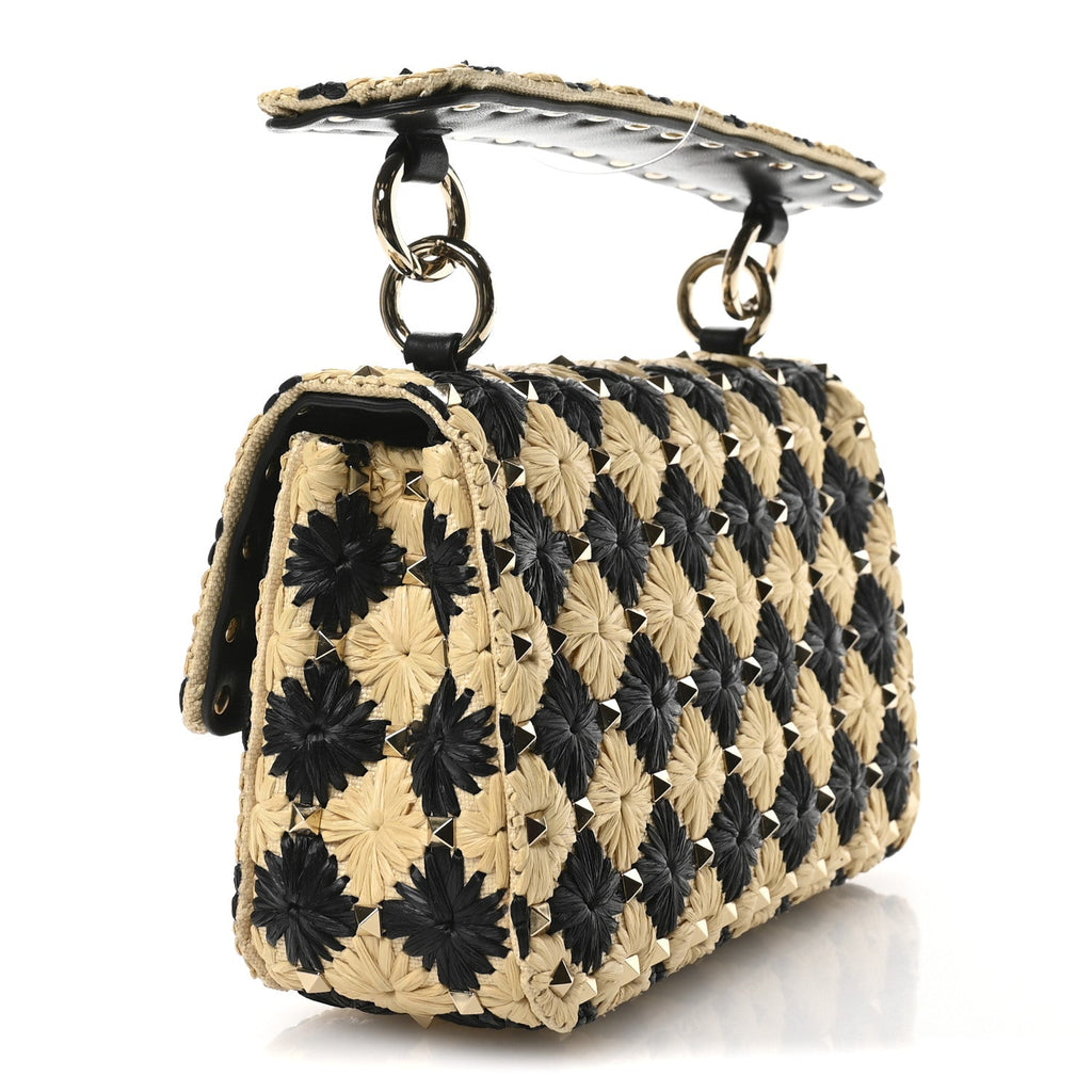 Raffia Embroidered Checkered Small Rockstud Spike Shoulder Bag Natural Black
