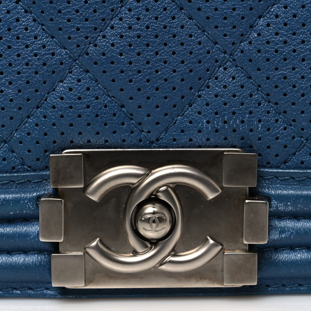 Perforated Lambskin Quilted New Medium Boy Flap Blue