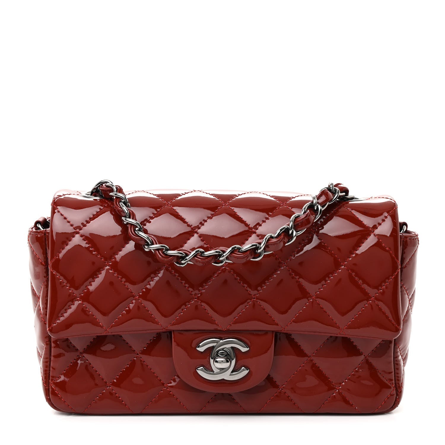 Patent Calfskin Quilted Mini Rectangular Flap Dark Red