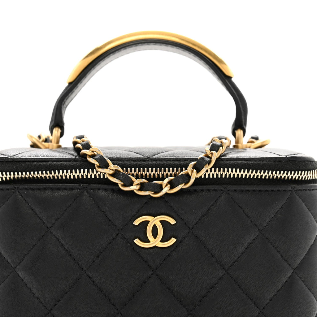 Lambskin Quilted Metal Small Top Handle Vanity Case With Chain Black