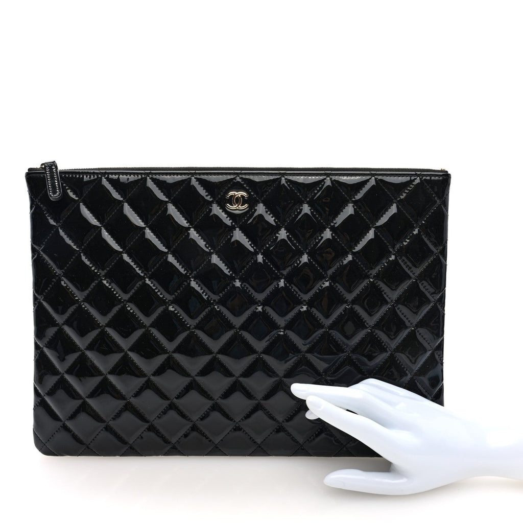 Patent Calfskin Quilted Large Cosmetic Case Black