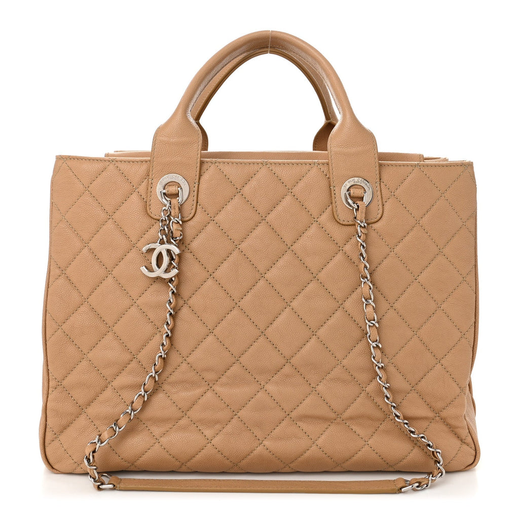 Caviar Quilted Large Urban Companion Top Handle Shopping Tote Beige