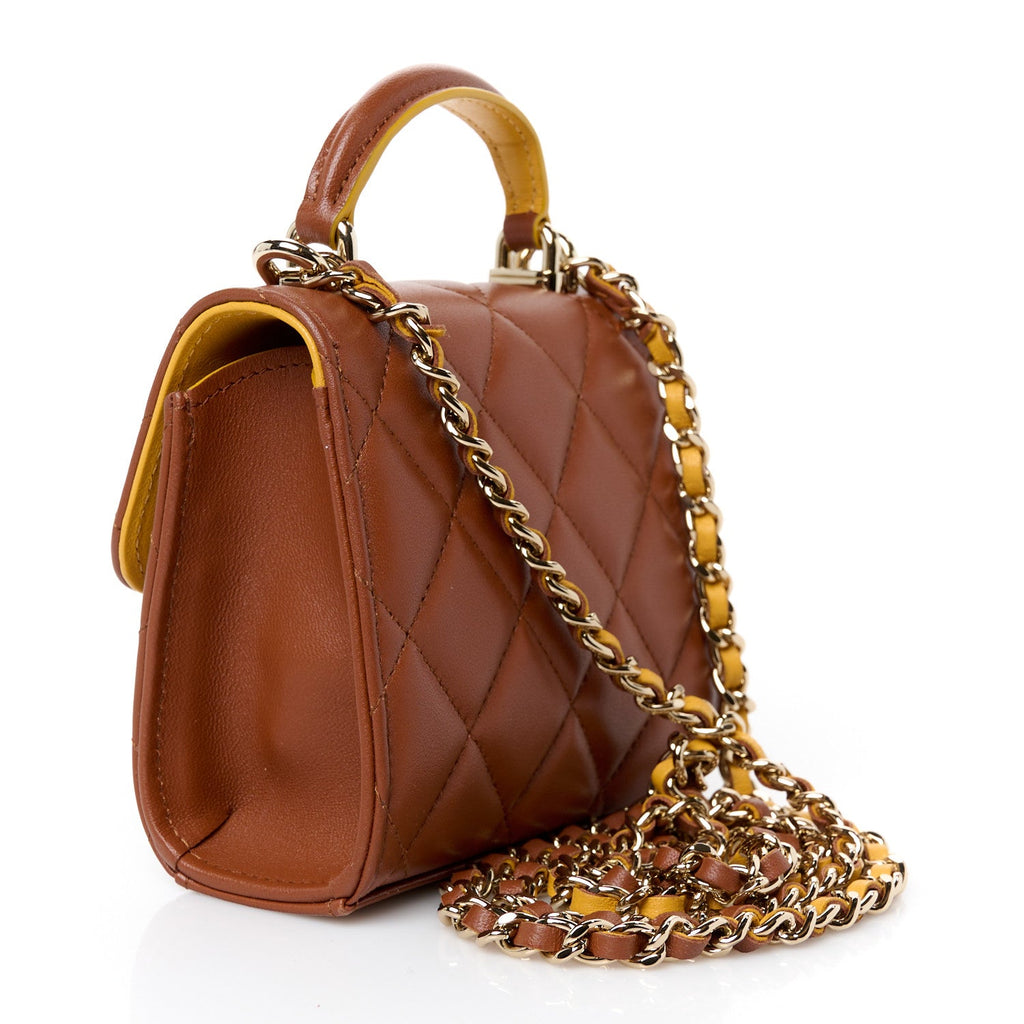 Lambskin Quilted Top Handle Flap Clutch With Chain Brown Yellow