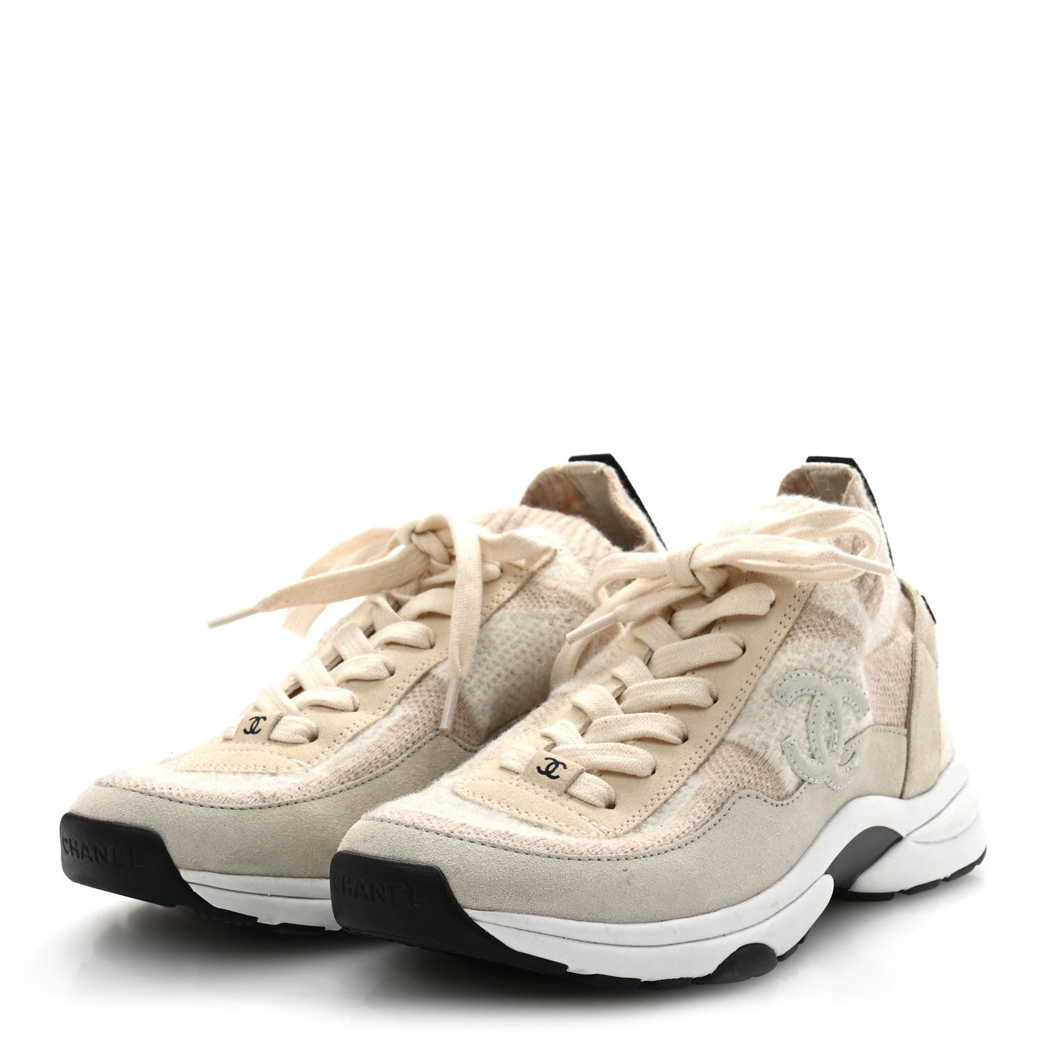 Knit Fabric Suede Calfskin Womens CC Sneakers 37 Ivory