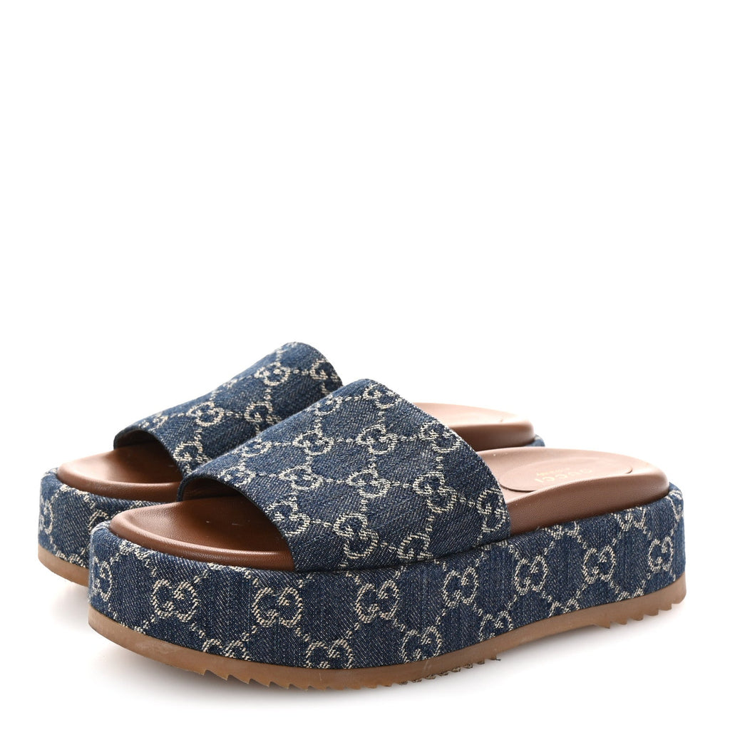 Jacquard Black Denim GG Monogram Angelina Platform 55mm Slide Sandals 37 Blue Tea