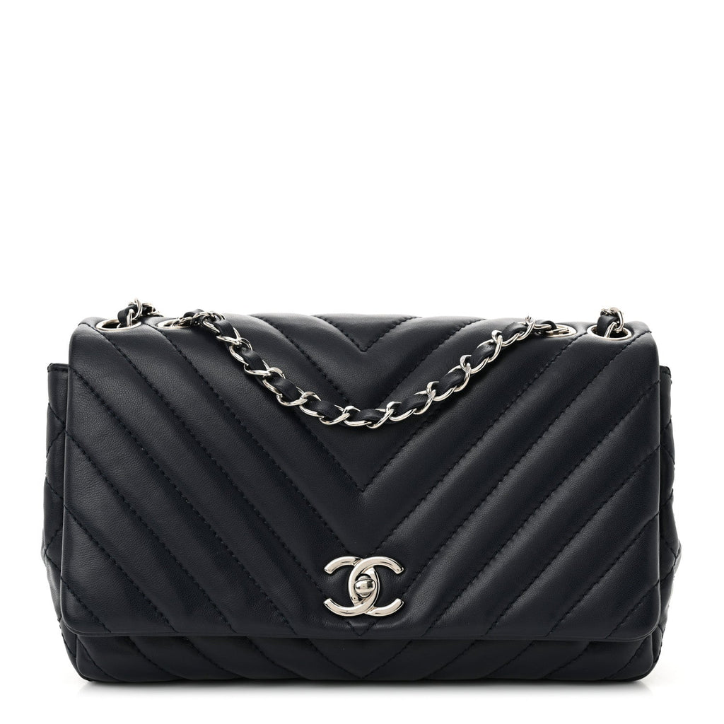 Lambskin Chevron Quilted Single Flap Navy Blue